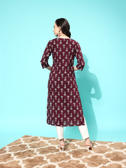 Burgundy Ethnic Printed Straight Kurta With Three Quarter Sleeves