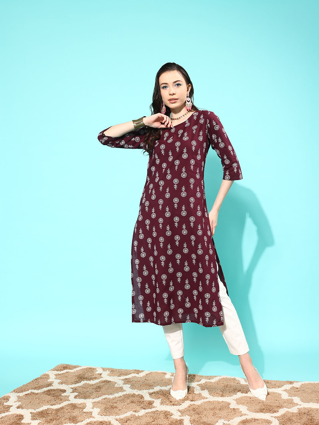 Burgundy Ethnic Printed Straight Kurta With Three Quarter Sleeves