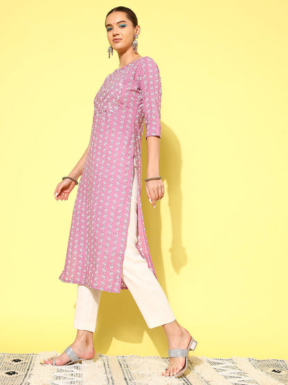 Purple Ethnic Printed Straight Kurta With Three Quarter Sleeves