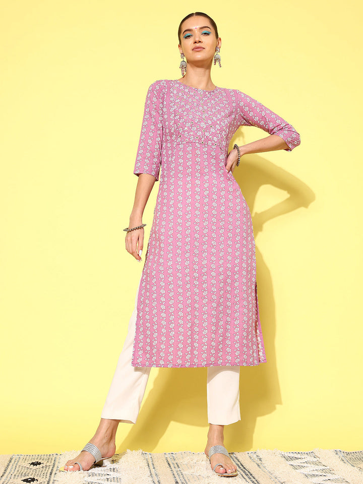 Purple Ethnic Printed Straight Kurta With Three Quarter Sleeves