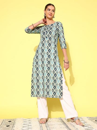 Blue Ethnic Printed Straight Kurta With Three Quarter Sleeves