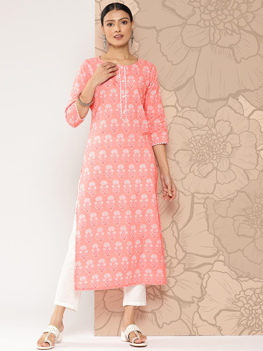 Pink Printed Straight Kurta With Three Quarter Sleeves