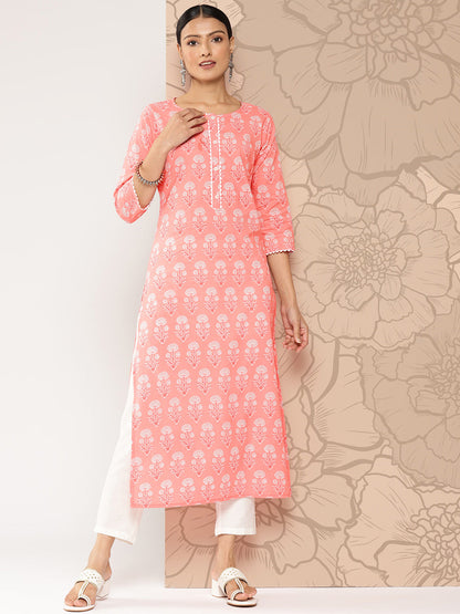 Pink Printed Straight Kurta With Three Quarter Sleeves