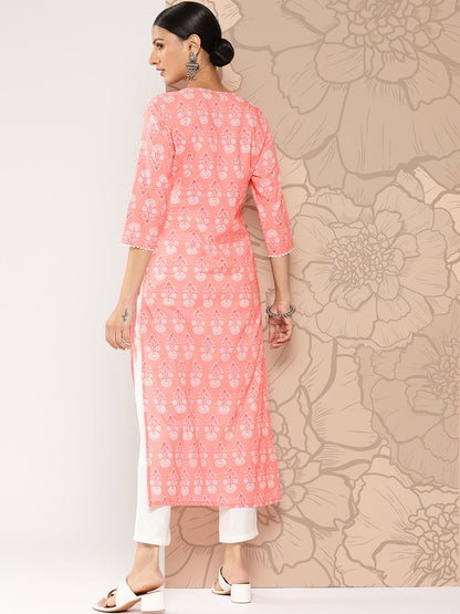 Pink Printed Straight Kurta With Three Quarter Sleeves