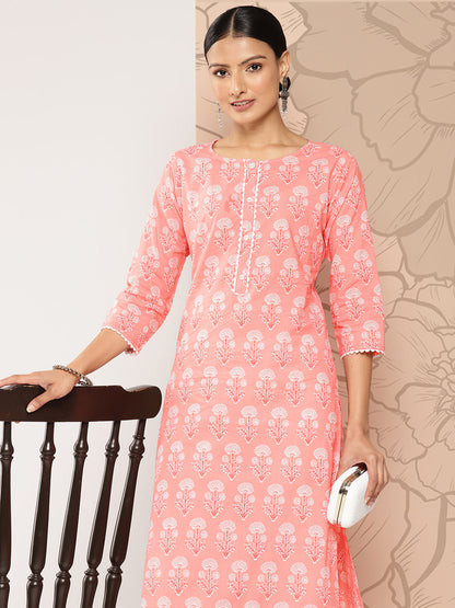 Pink Printed Straight Kurta With Three Quarter Sleeves