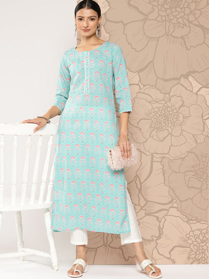 Blue Ethnic Straight Kurta With Three Quarter Sleeves