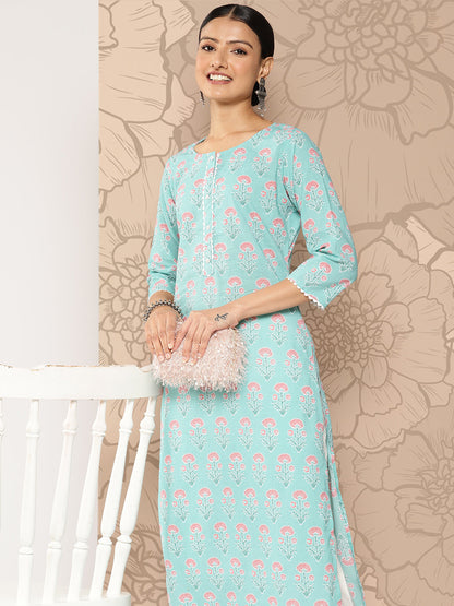 Blue Ethnic Straight Kurta With Three Quarter Sleeves