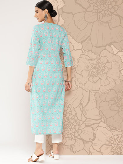 Blue Ethnic Straight Kurta With Three Quarter Sleeves