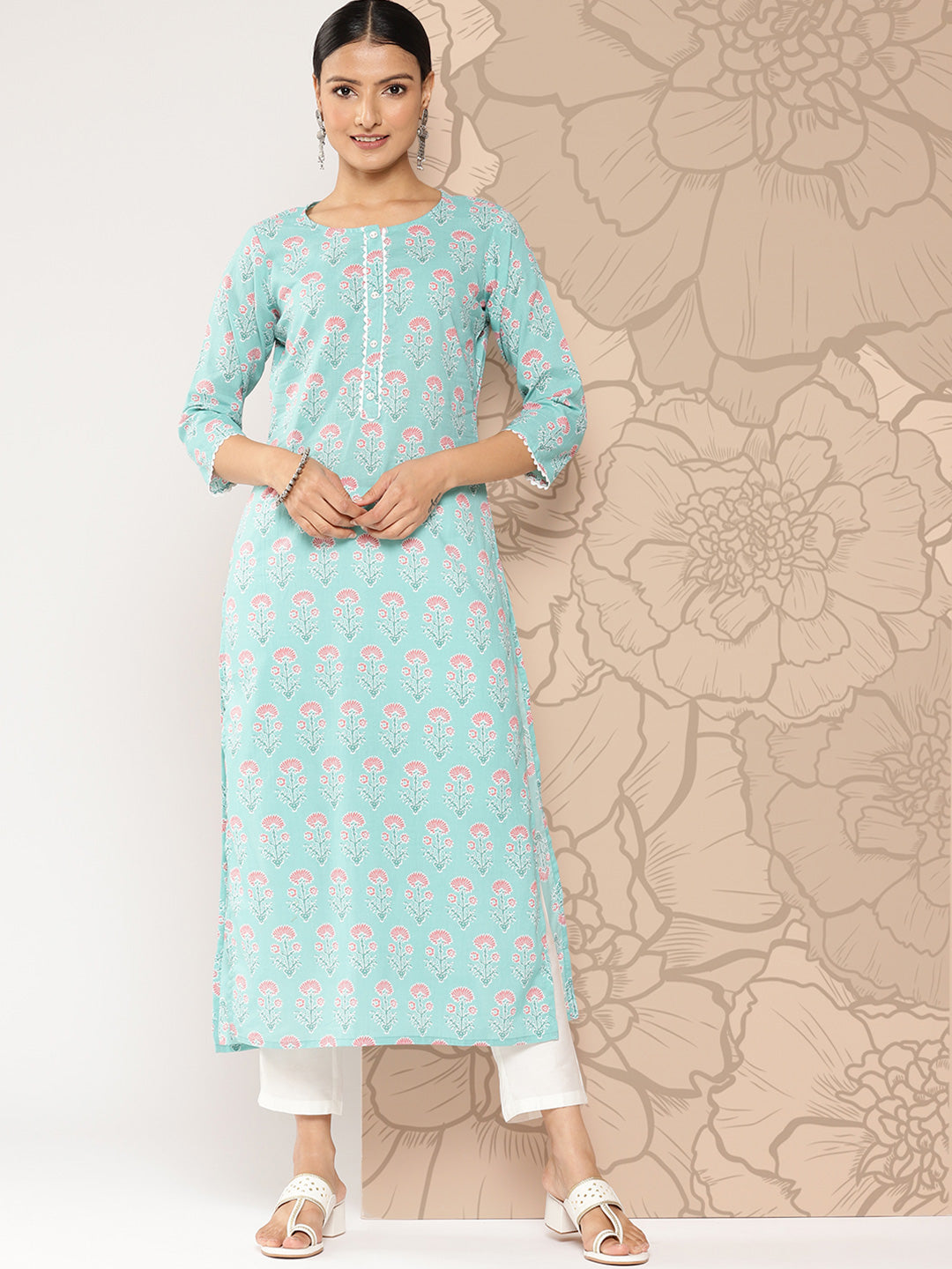 Blue Ethnic Straight Kurta With Three Quarter Sleeves