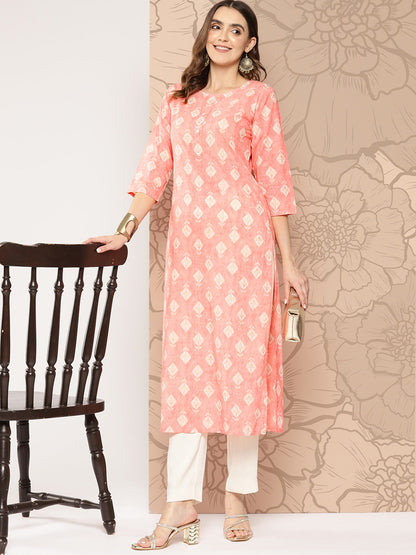 Peach Printed Straight Kurta With Three Quarter Sleeves