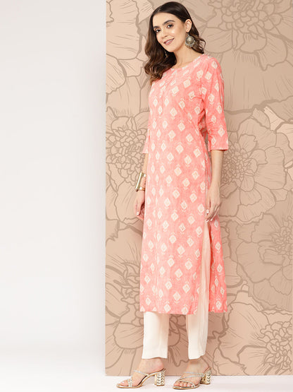 Peach Printed Straight Kurta With Three Quarter Sleeves
