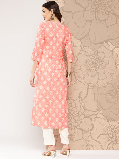 Peach Printed Straight Kurta With Three Quarter Sleeves