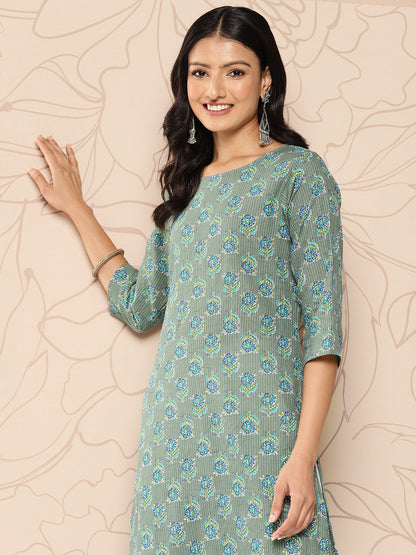 Green Ethnic Printed Straight Kurta With Three Quarter Sleeves