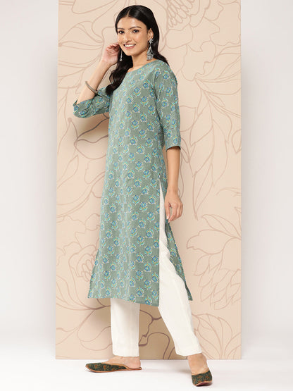 Green Ethnic Printed Straight Kurta With Three Quarter Sleeves