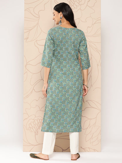 Green Ethnic Printed Straight Kurta With Three Quarter Sleeves
