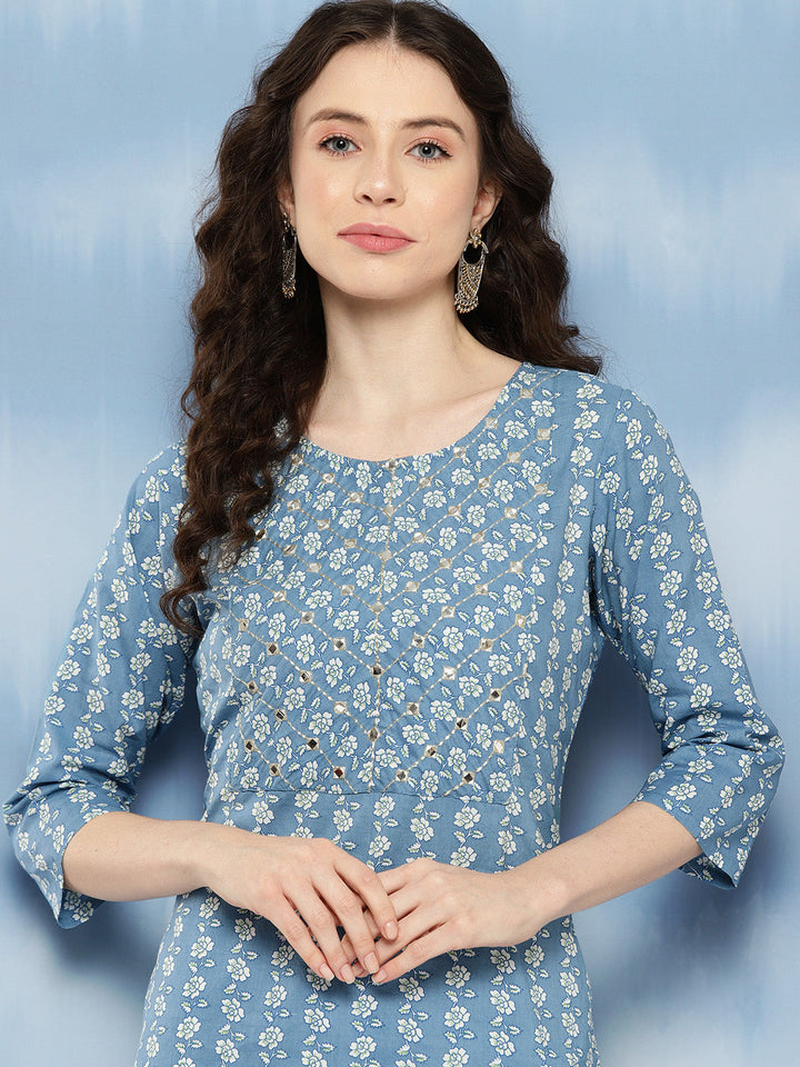 Blue Embroidered Yoke Design Straight Kurta