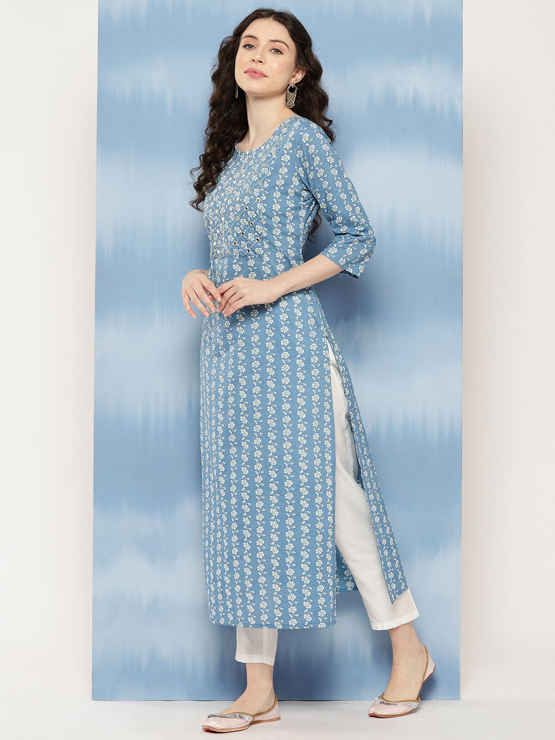 Blue Embroidered Yoke Design Straight Kurta