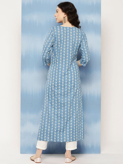 Blue Embroidered Yoke Design Straight Kurta