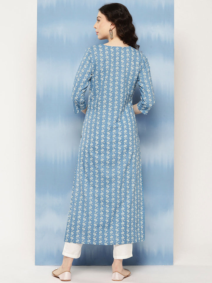 Blue Embroidered Yoke Design Straight Kurta