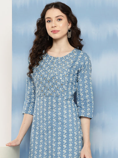 Blue Embroidered Yoke Design Straight Kurta