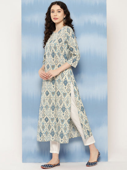 Blue Ethnic Printed Straight Kurta With Three Quarter Sleeves