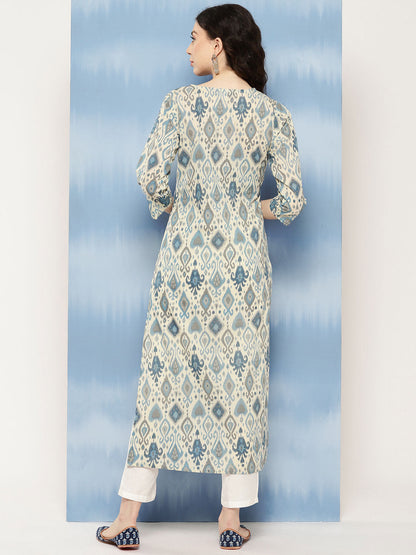 Blue Ethnic Printed Straight Kurta With Three Quarter Sleeves