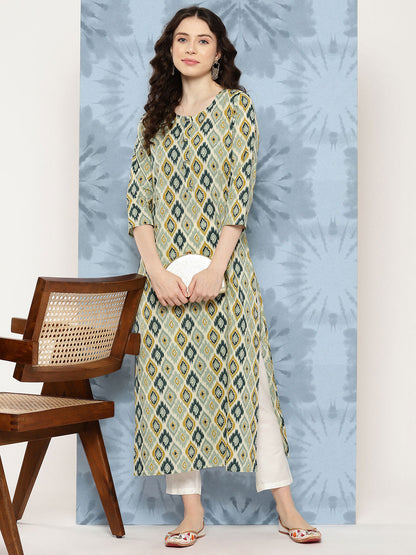 Multi Ikat Printed Straight Kurta With Three Quarter Sleeves