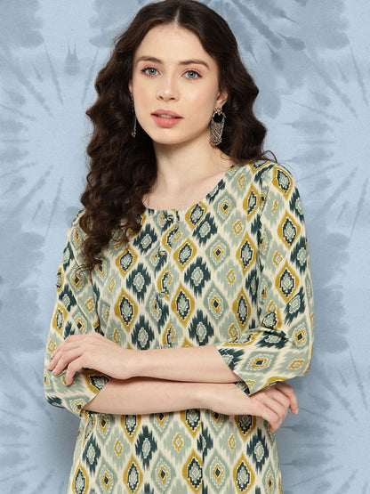 Multi Ikat Printed Straight Kurta With Three Quarter Sleeves