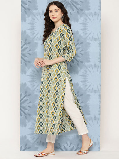 Multi Ikat Printed Straight Kurta With Three Quarter Sleeves