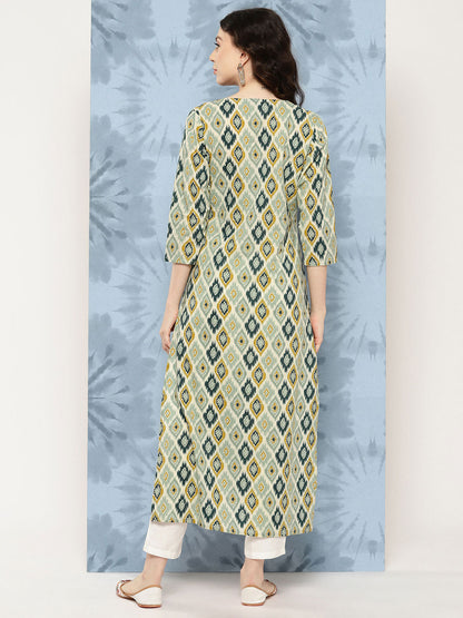 Multi Ikat Printed Straight Kurta With Three Quarter Sleeves
