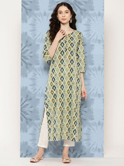 Multi Ikat Printed Straight Kurta With Three Quarter Sleeves