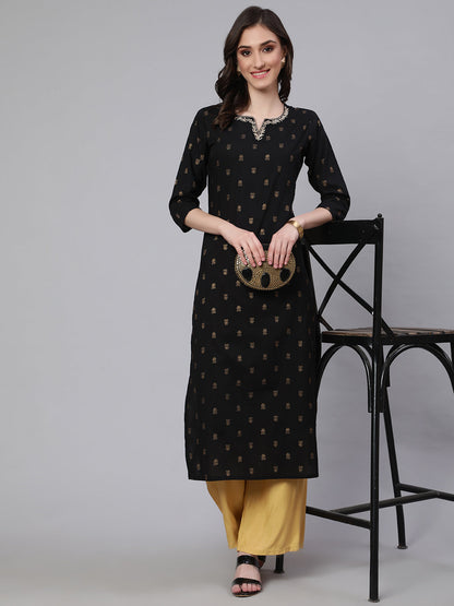 Black Embroidered Neckline Straight Kurta