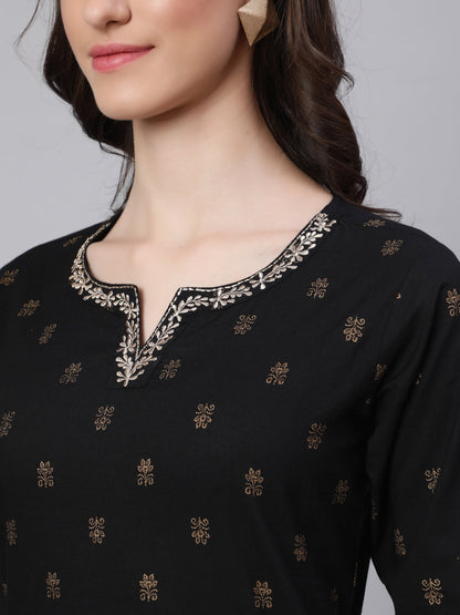 Black Embroidered Neckline Straight Kurta