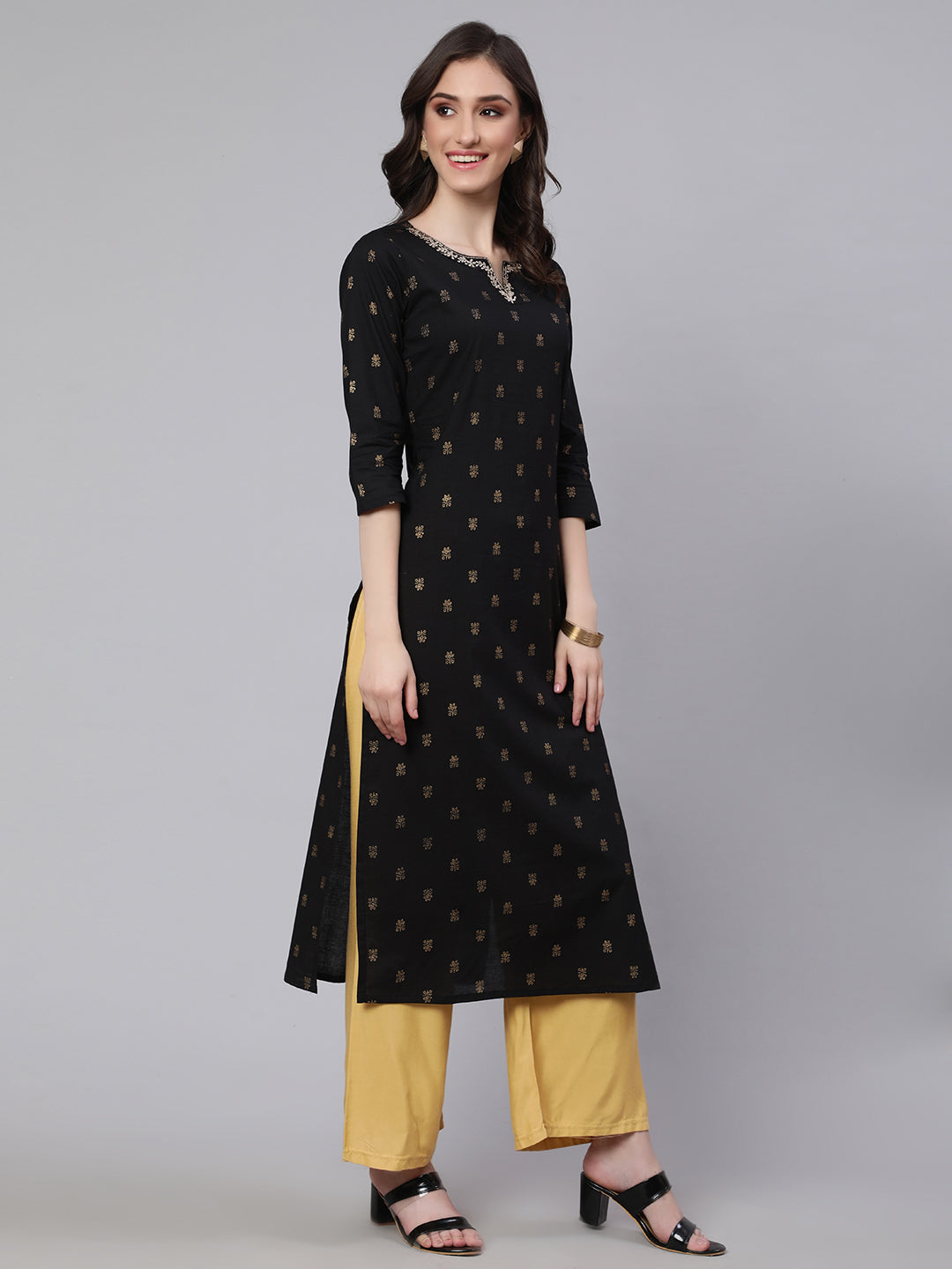 Black Embroidered Neckline Straight Kurta