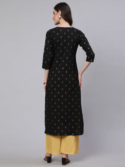 Black Embroidered Neckline Straight Kurta