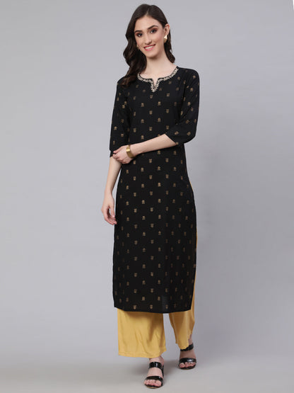 Black Embroidered Neckline Straight Kurta