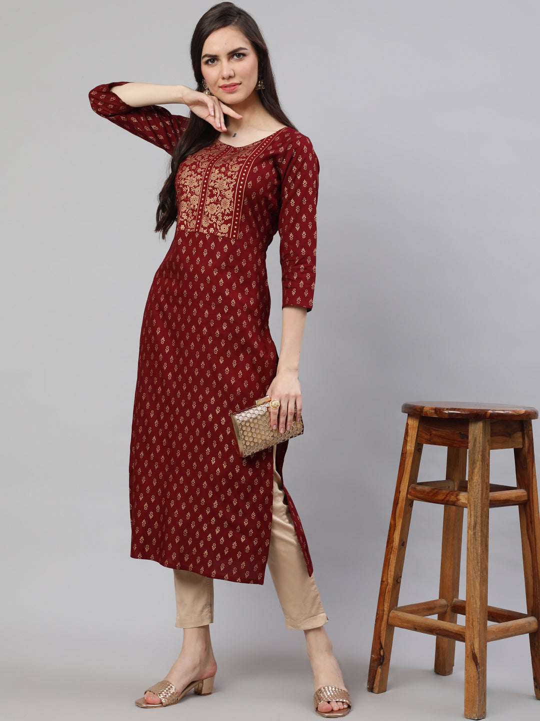 Maroon Printed Straight Kurta With Three Quarter Sleeves