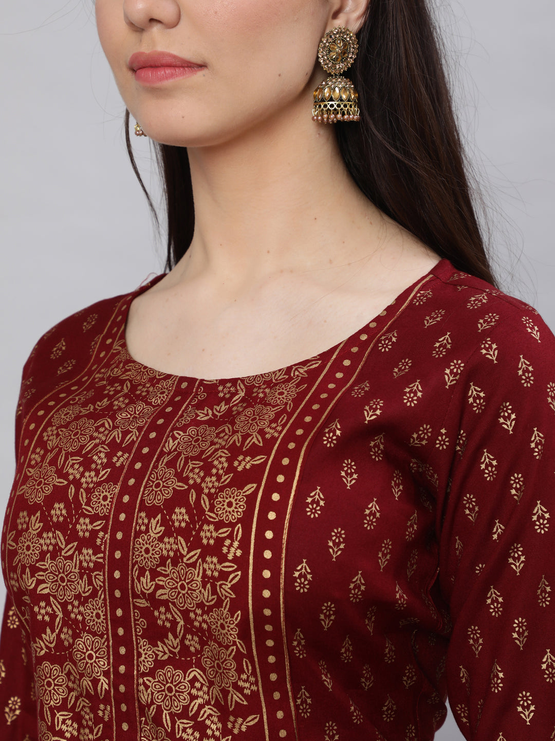 Maroon Printed Straight Kurta With Three Quarter Sleeves