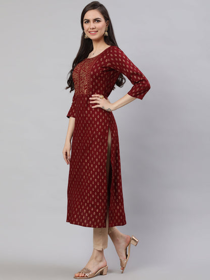 Maroon Printed Straight Kurta With Three Quarter Sleeves
