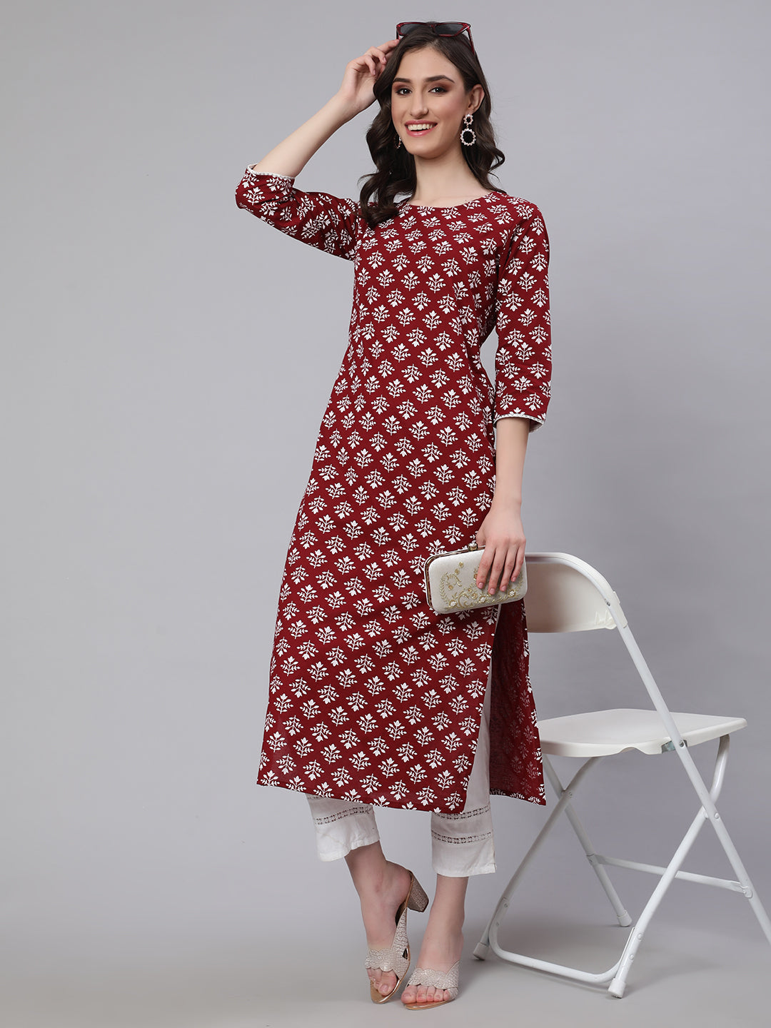 Maroon Printed Straight Kurta With Three Quarter Sleeves