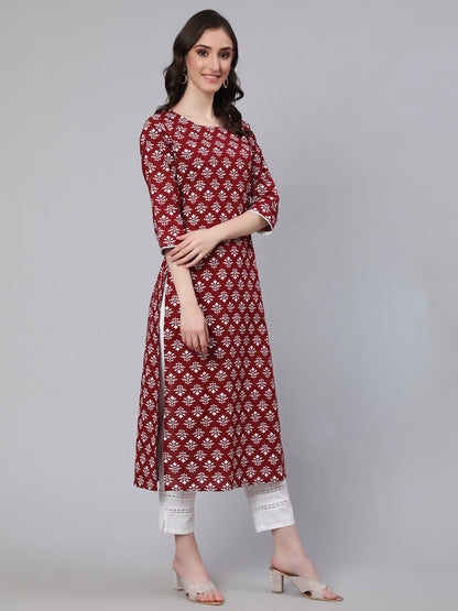 Maroon Printed Straight Kurta With Three Quarter Sleeves