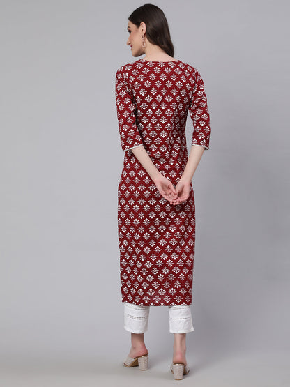 Maroon Printed Straight Kurta With Three Quarter Sleeves