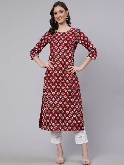 Maroon Printed Straight Kurta With Three Quarter Sleeves