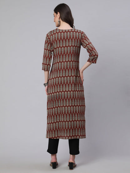Maroon Printed Straight Kurta With Three Quarter Sleeves