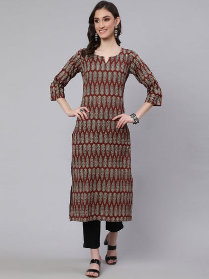 Maroon Printed Straight Kurta With Three Quarter Sleeves