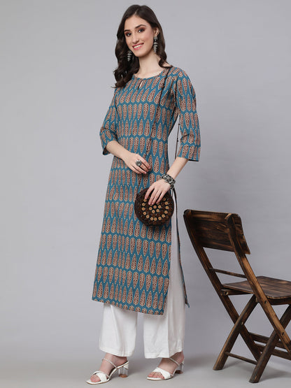 Blue Ethnic Printed Straight Kurta With Three Quarter Sleeves