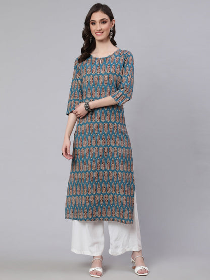 Blue Ethnic Printed Straight Kurta With Three Quarter Sleeves