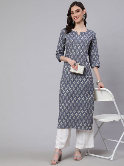Grey Ethnic Printed Straight Kurta With Three Quarter Sleeves