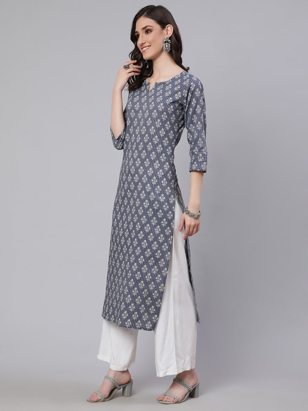 Grey Ethnic Printed Straight Kurta With Three Quarter Sleeves