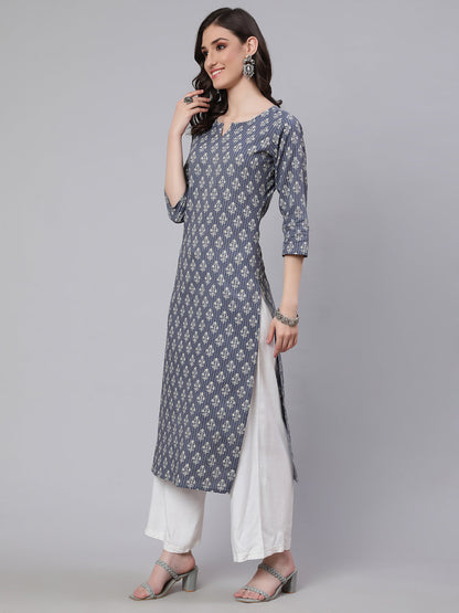 Grey Ethnic Printed Straight Kurta With Three Quarter Sleeves